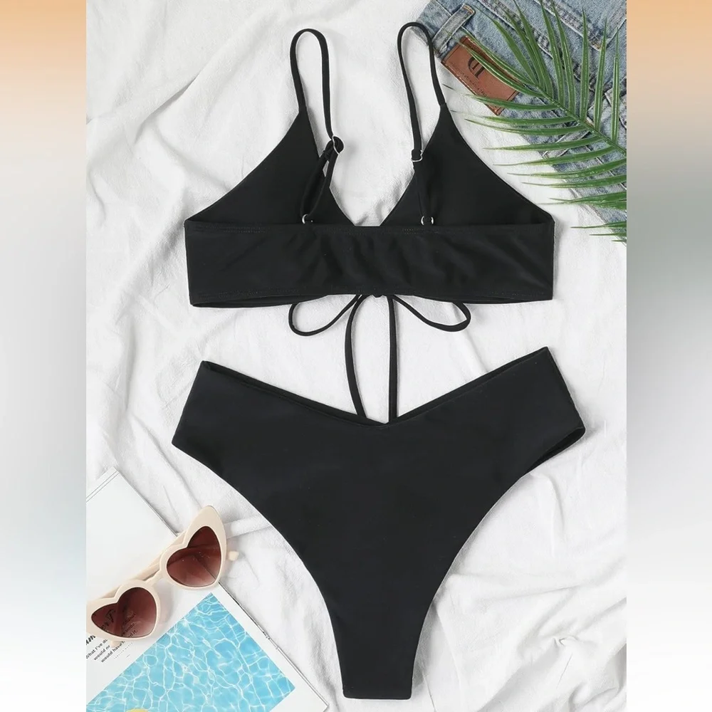 Bikini Set 2 Piece Women’s SMALL High Cut Cheeky Sexy Swimsuit Set BLACK New